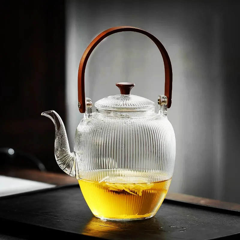 Japanese Vertical Striped Glass Teapot With Filter 1000ml Boiling Flower Tea Kettle Kungfu Bamboo Handle Lifting Beam Tea Pot