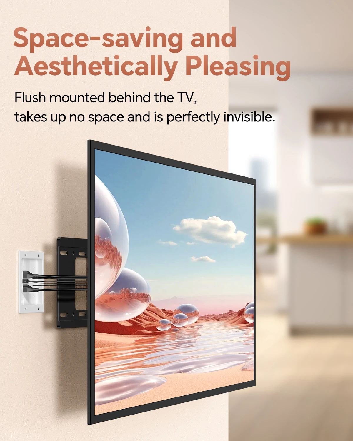 في مجموعة إدارة كابلات الحائط، قم بإخفاء كابلات طاقة التلفزيون وأسلاك الجهد المنخفض خلف الحائط، منفذ غائر للتلفزيون المثبت على الحائط