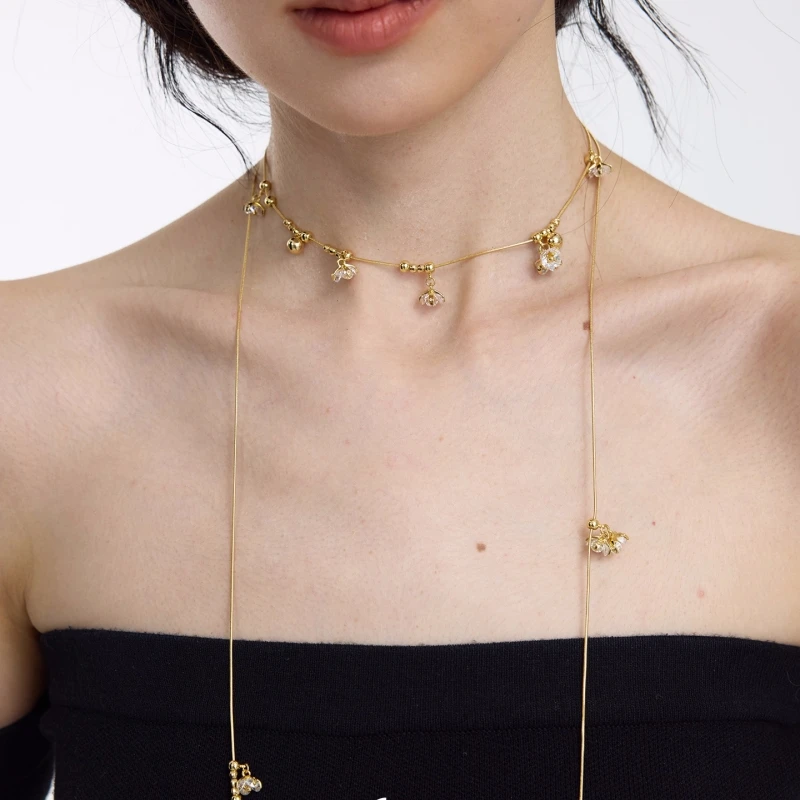 HUANZHI French Vintage Crystal Flower Long Necklace Y Necklace INS Simple Elegant Women's Jewelry Fashion Layered Collar Chain