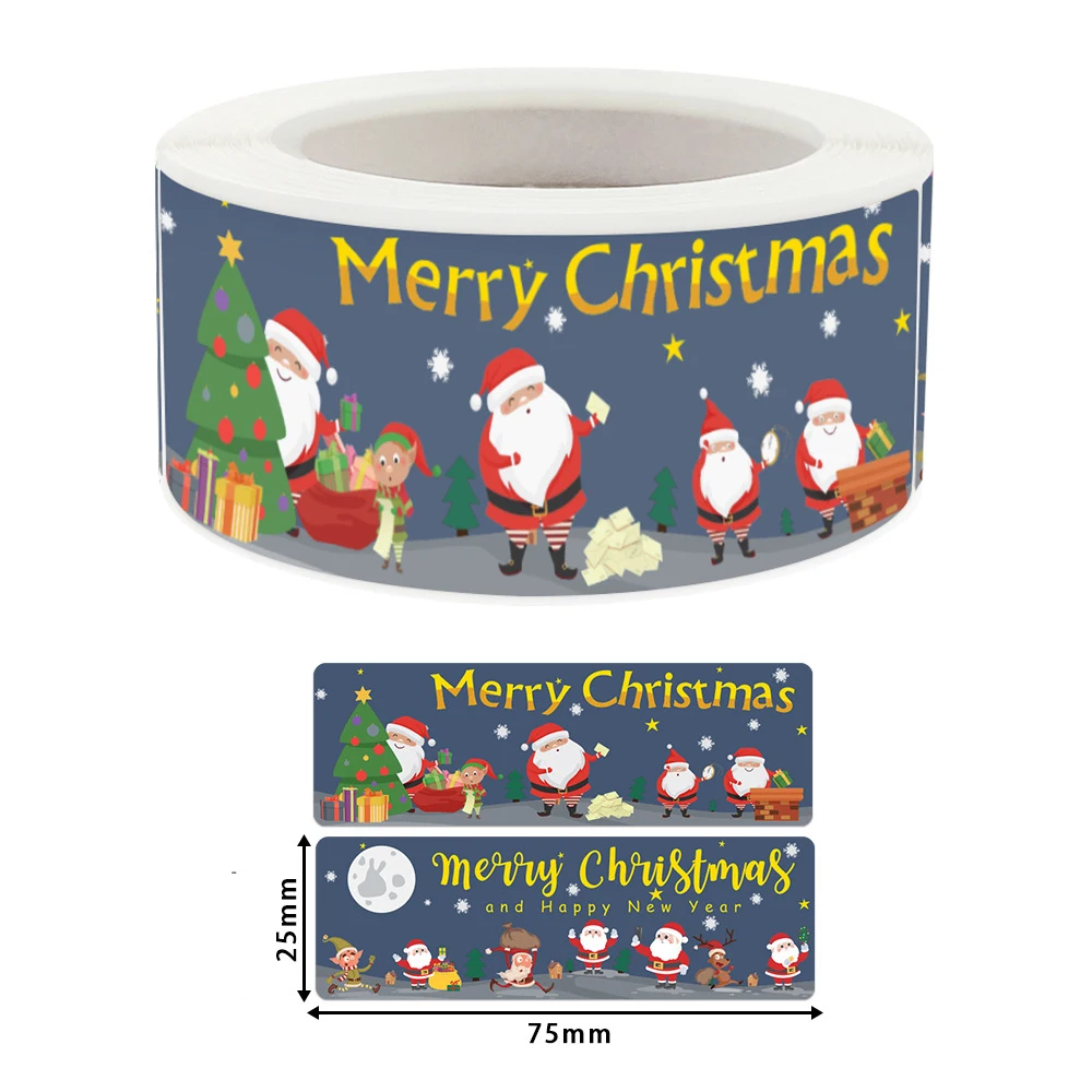 120Pcs/roll 1*3inch Santa Claus Snowman Merry Christmas Stickers Happy New Year Gift Sealing Sticker for Small Business Decor