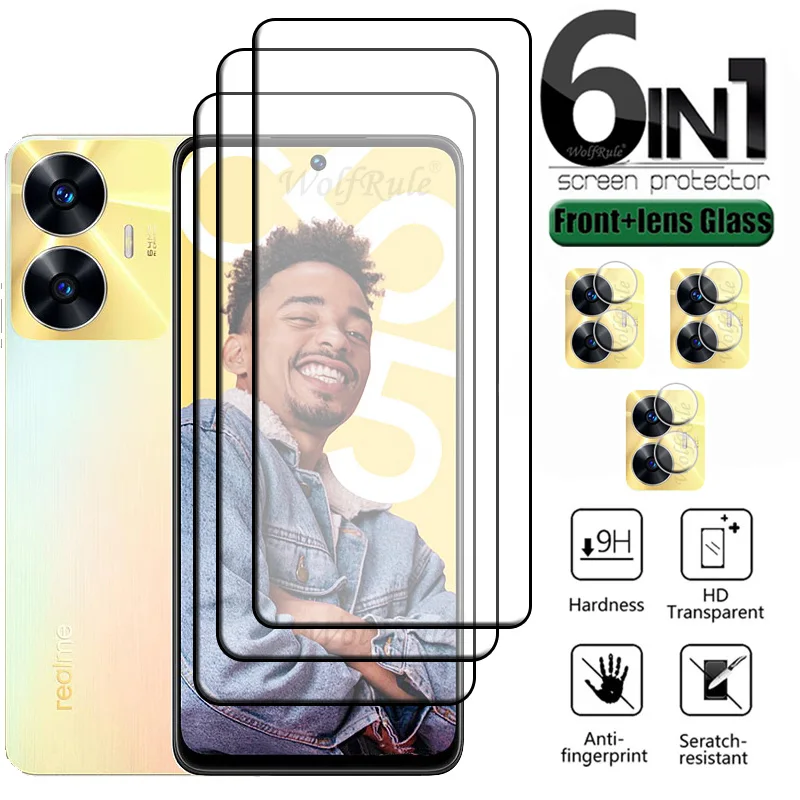 6-in-1 For Realme C55 Glass For OPPO Realme C55 Tempered Glass 9H HD Full Cover Screen Protector For Realme C 55 C55 Lens Glass