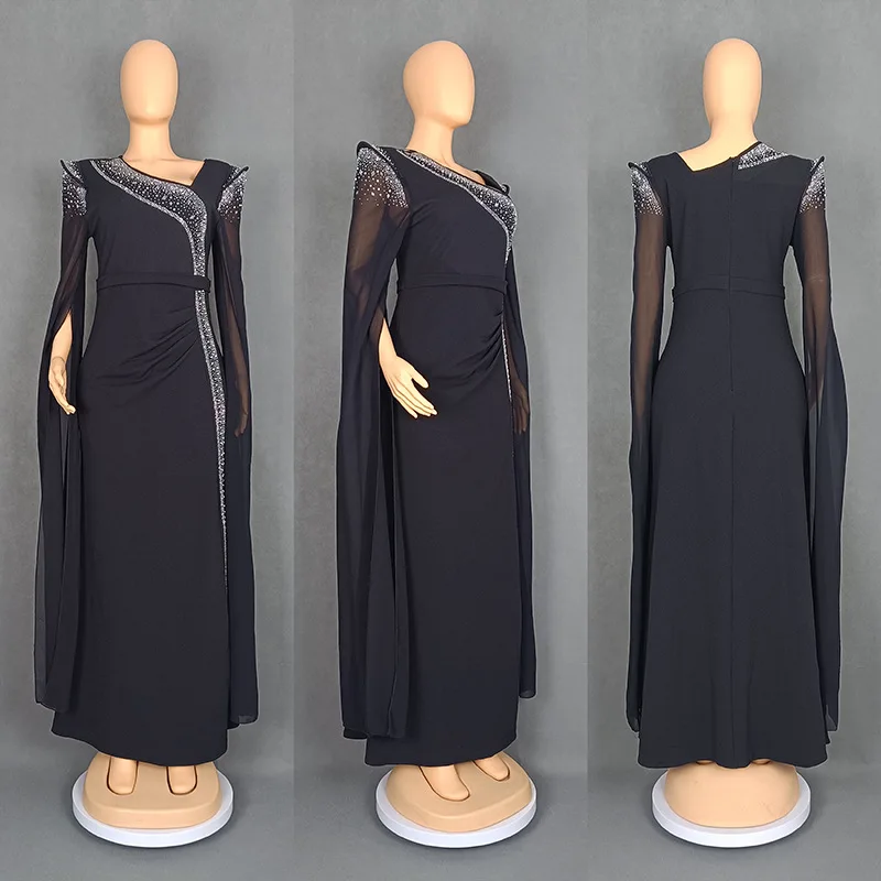 Langes Kleid Frauen Party Mantel Kleider Diamanten Diagonal Kragen Schlank Enge Taille Maxi Kleid Bodenlangen Weibliche Vestidos 2025