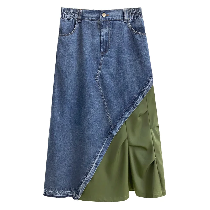 

Y2k Women Denim Skirt Patchwork Long Skirts High Waist Washed Vintage Distressed Pockets A Line Female Streetwear Summer 2025