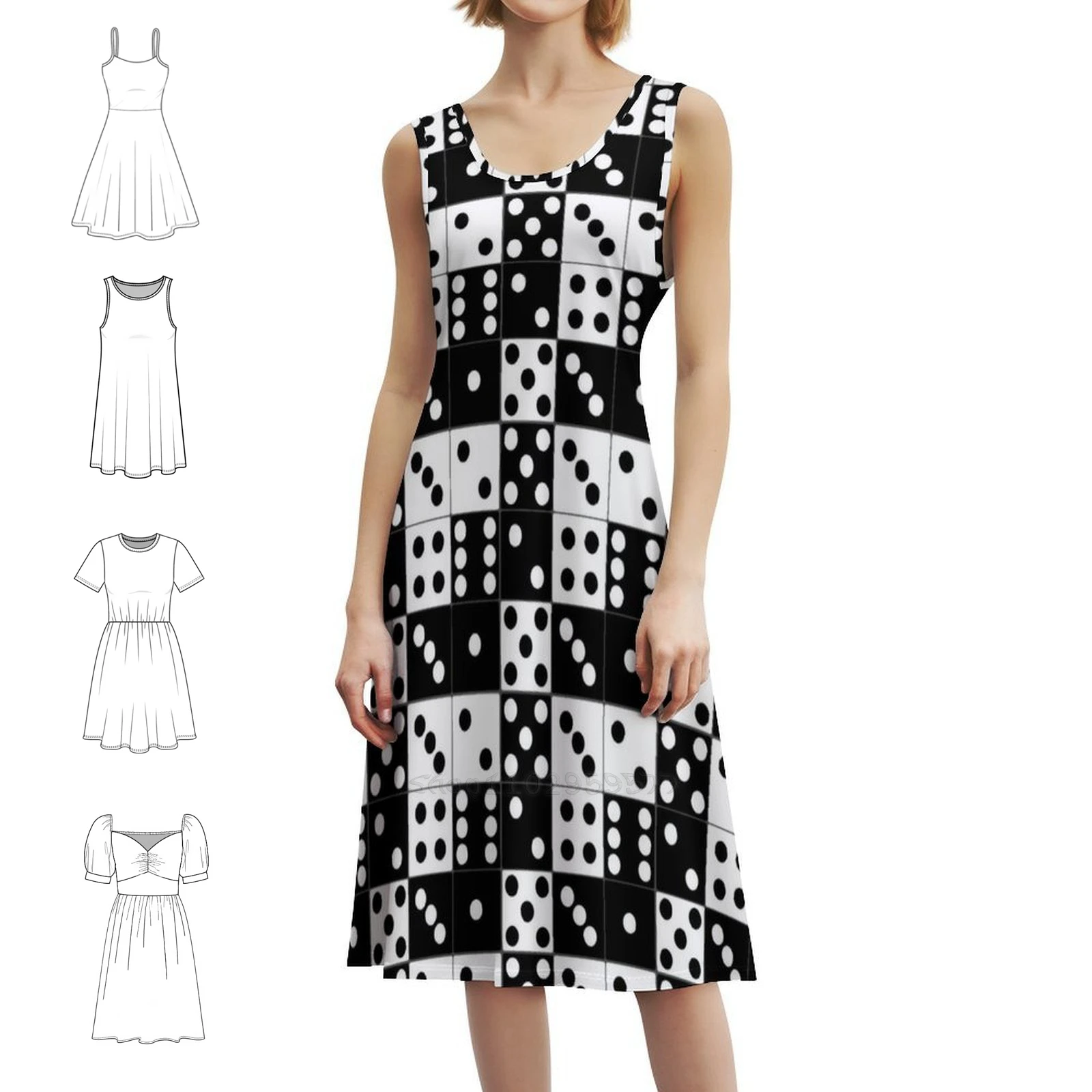 65 Mcmlxv فستان بوهيمي بدون أكمام بنمط الدومينو باللونين الأبيض والأسود للنساء مطبوع فساتين حفلات الشاطئ باللونين الأبيض والأسود