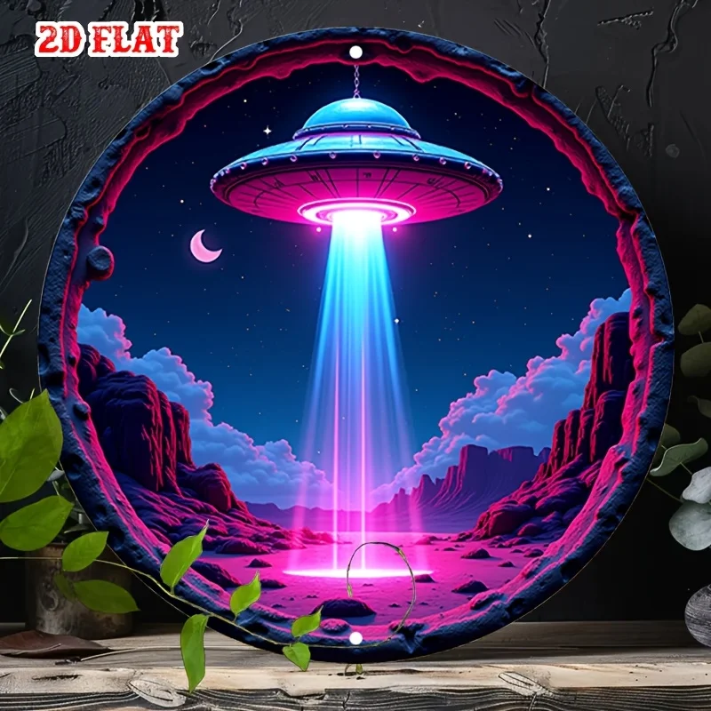 2D شقة 1 قطعة علامة معدنية خمر الغريبة لقاء: أسرار ما وراء الأرض الألومنيوم ملصق دائري ريترو خمر نظرة جدار الفن لشريط #1