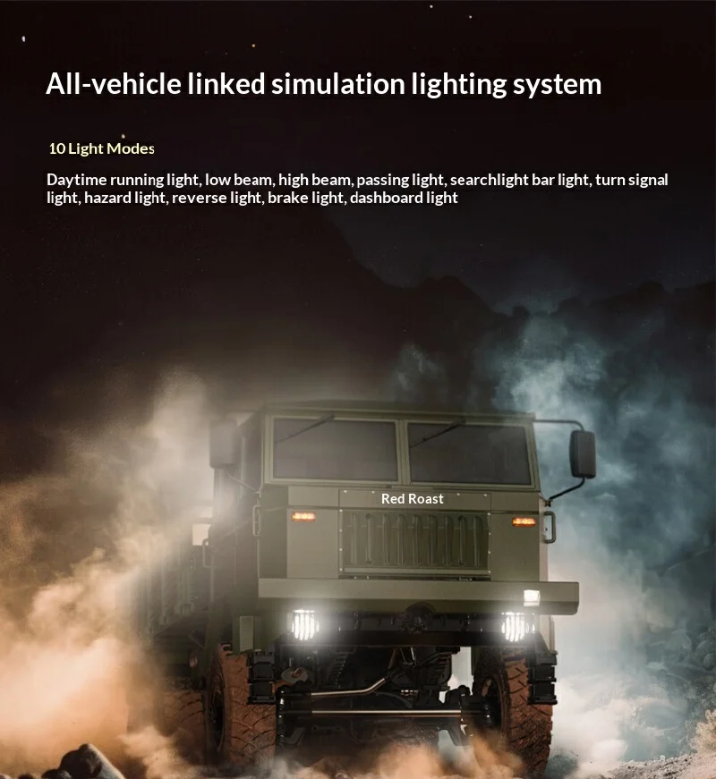 Hongyan CQ261 1/10 Maßstab 6x6 RC Militär-LKW Vollproportionales Simulationsmodell mit Komplettem Beleuchtungssystem