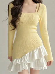 Women Irregular Ruffle Edge Style Yellow Dress Autumn Winter Splicing Design New Korean Unique Waist Slimming Knitted Dresses