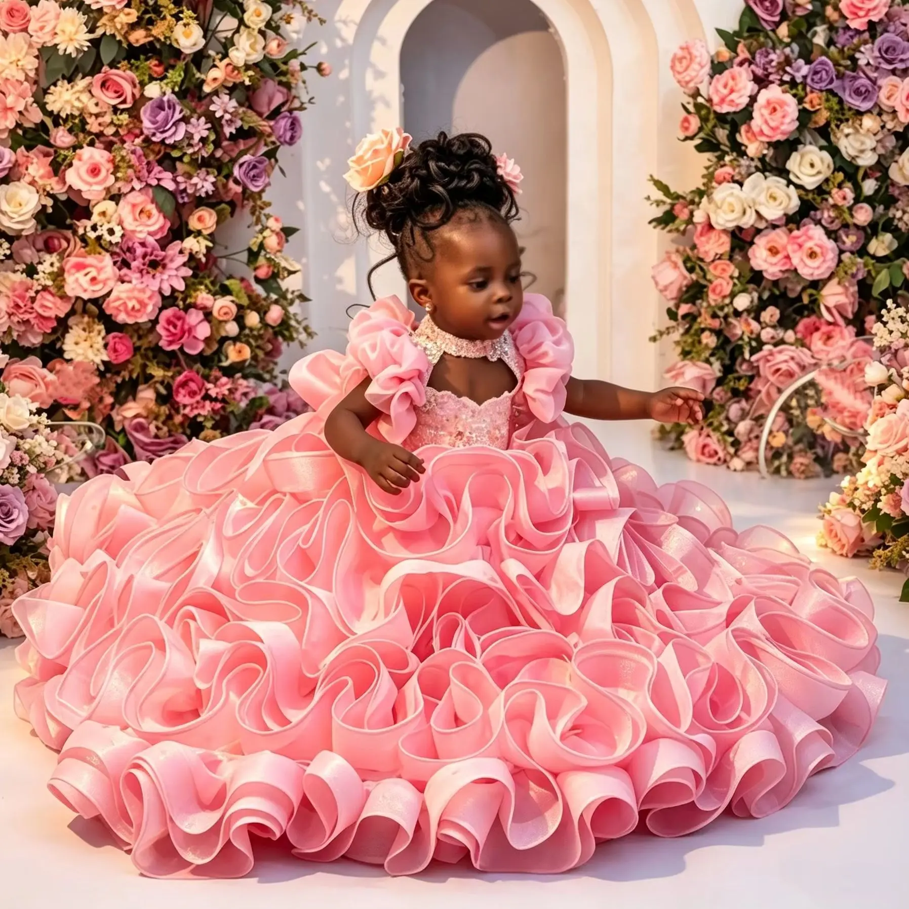 Customized Pink Ruffled Flower Girl Dress Puffy Organza Ball Gown Toddler Pageant Dress Kids Birthday Party Princess Dress