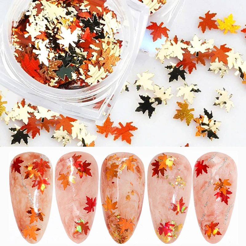 1 Box golden rot Ahorn Blätter Nail Art Pailletten Laser Glitter Flocken Paille tte Chamäleon Aufkleber für Nägel Herbst Design Dekor