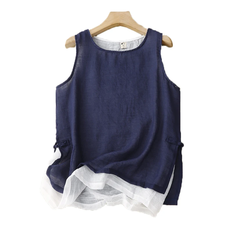 صيف جديد طبقة مزدوجة القطن الكتان Y2k المحاصيل الأعلى المرأة تنفس سترة بلا أكمام فضفاضة رقيقة بسيطة تانك القمم