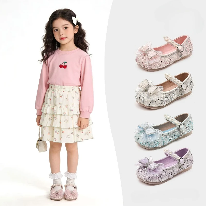 

Classic Girl Leather Shoes Sequins Rhinestone Children Princess Mary Jane Shoes Elegant Bow Wedding Party Kids Ballet Flat Shoes
