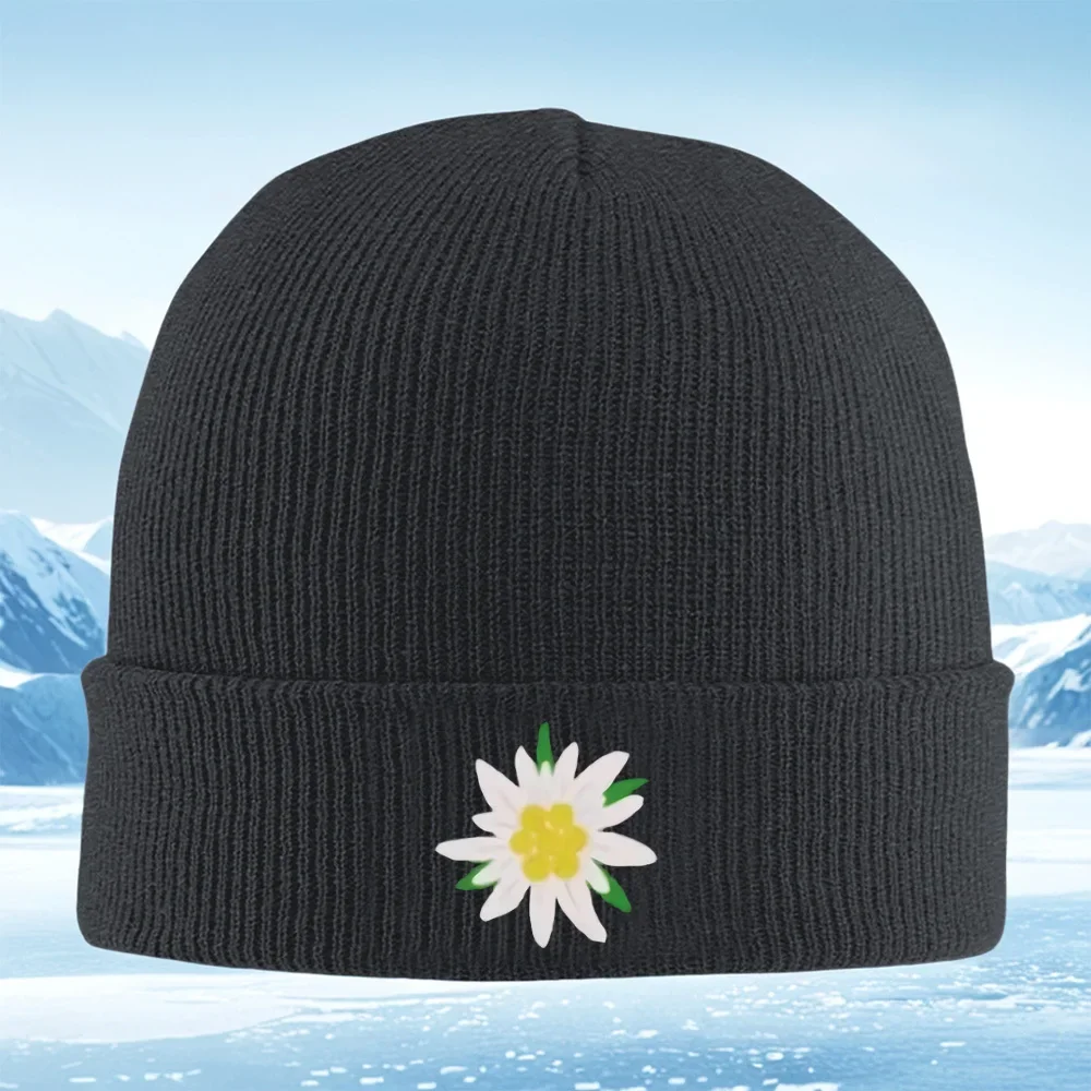 2026 White flower petals,green leaves bloom Men Women Unisex Knitted Hat Beanie Pullover Cap Winter Thermal Warm Christmas Outdo