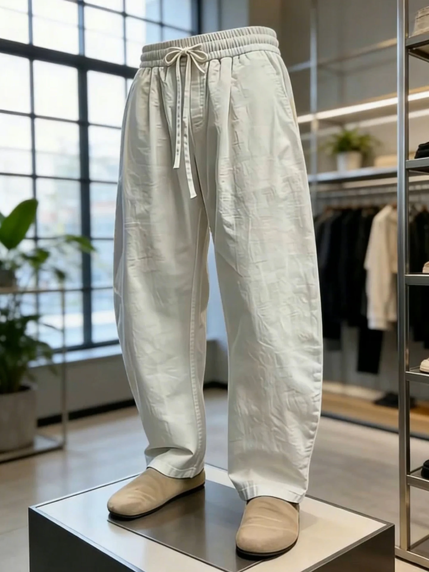 White Linen Ice Silk Men's Summer Thin Casual Pants Quick Dry Straight Leg Loose Fit Breathable Comfortable High Waist Trousers