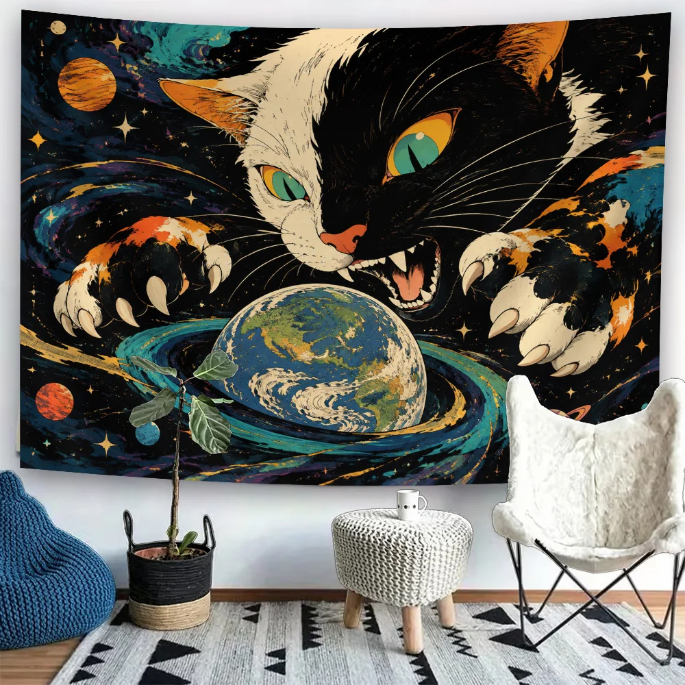 Decorative Cosmic Cat Galaxy Tapestry Wall Hanging Boho Space Planet Earth Zodiac Animal Lover Nursery Bedroom Decor Art Poster