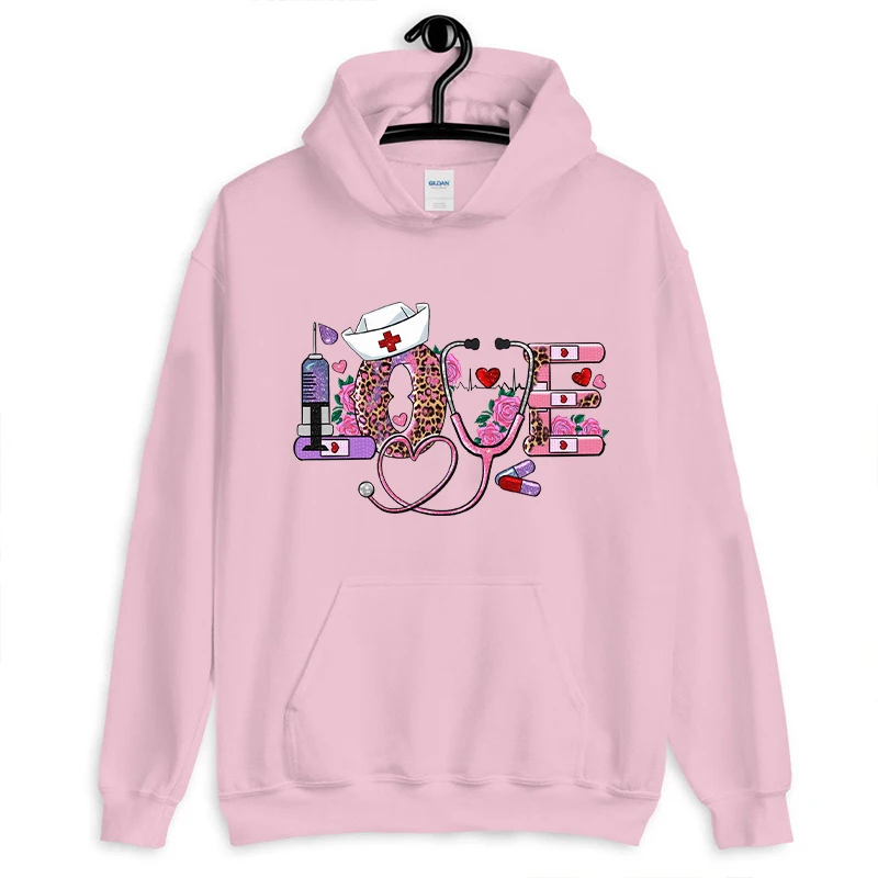 New Women Hoodies Pullover Oversize Valentines Day Love Nurse Print Hoodies Casual Long Sleeve Women Sweatshirts Nurse Gifts