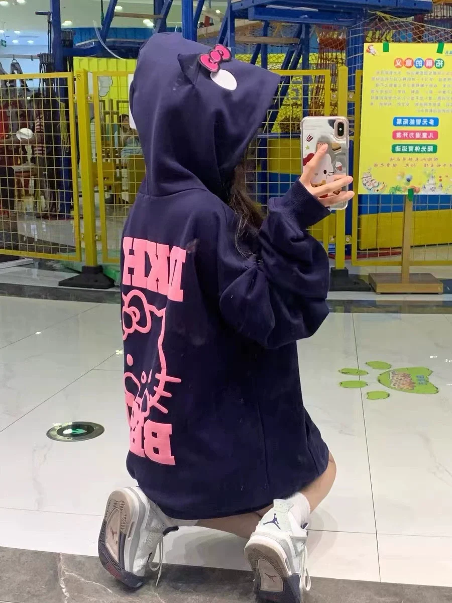 Kit  Print Loose Hooded Zipper Sweatirt Women's Open Cardigan Sweet New Sle INS Outerwear Autumn Winter Trend Brand