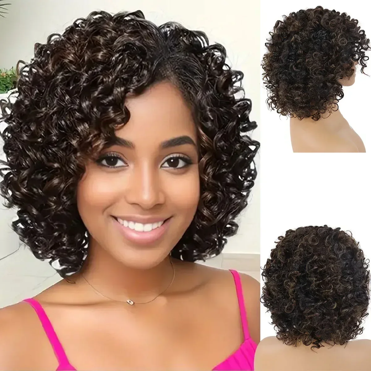 

Синтетические смешанные коричневые вьющиеся парики для женщин, короткий афро-парик, натуральные женские черные волосы, афроамериканский парик, женские парики с завитками боба