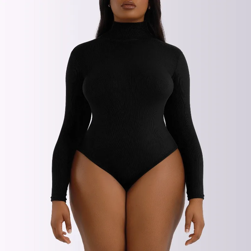 Plus Size Langarm-Body für Damen, Winter-Rollkragenpullover, figurbetontes Onesie, Rippstrick-Strumpfhose, Oberteil, schmale Passform, Streetwear