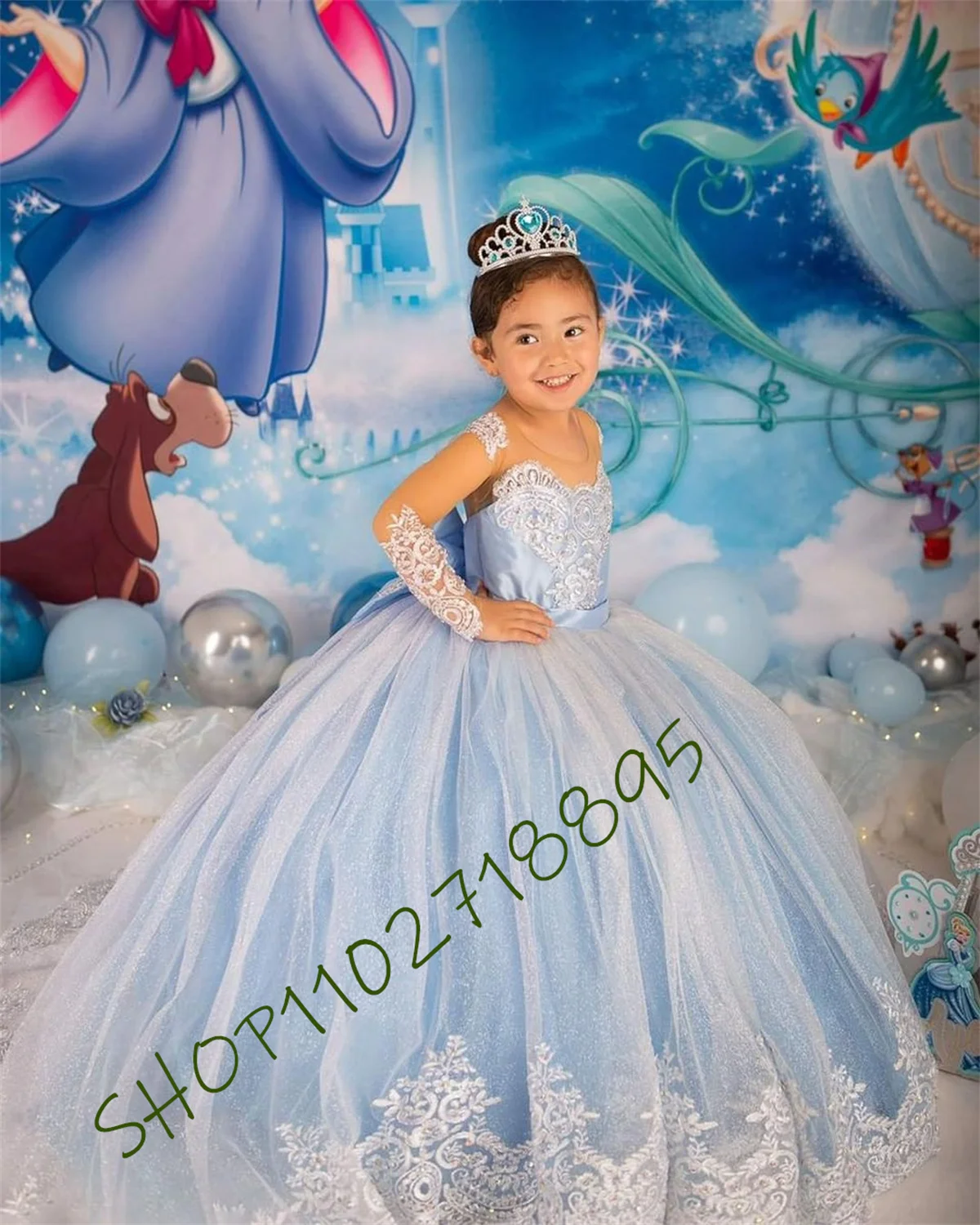 

Princess Flower Girl Dress Illusion Long Sleeve Maxi Dress Satin Sparkling Fluffy Tulle Ball Gown Communion Dress