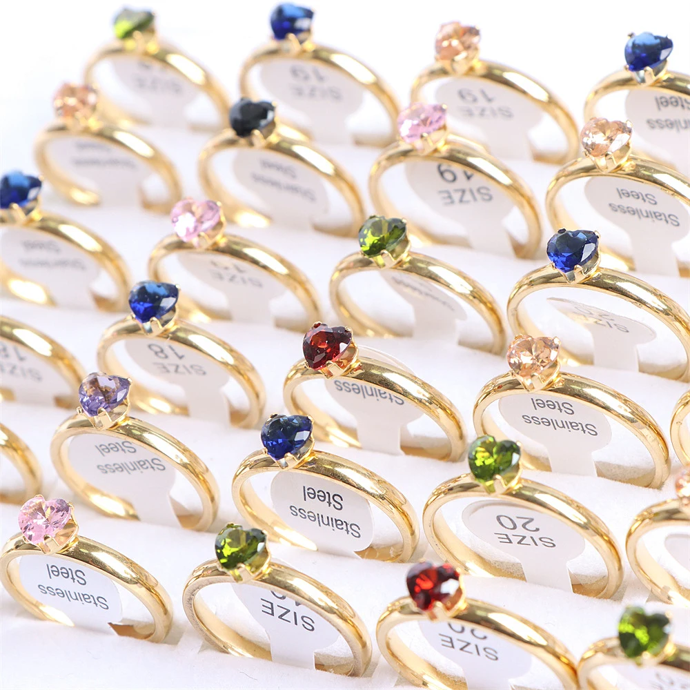 20Pcs/Lot Fashion Colorful Heart Crystal Stainless Steel Rings Jewelry For Women Gold Silver Plated Wedding Party Gift Wholesale