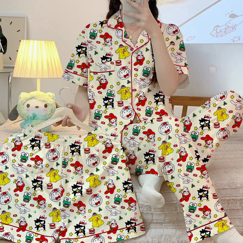 

Sanrio New Style Cute Melody Pajamas Student Girls Summer Fashion Thin Short Sleeve Three-Piece Cartoon Hellokitty Home Clothing