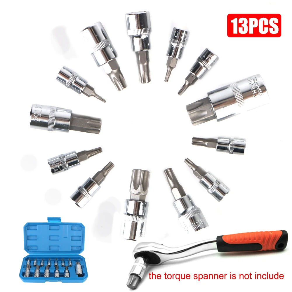 T8-T70 For Ratchet Torque Spanner Torx Bit Socket Set Socket Wrench Tools 13 Pcs Car Removal Tools 1/4