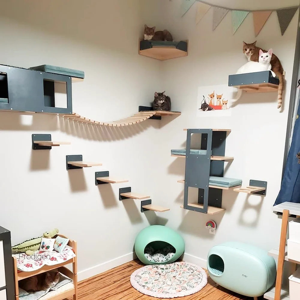 Cat Climbing Wall Furniture Stair Shelf Wall Mounted Hammock Scratching Post Reversible Stairway Shelves With Sisal Rope Ladder