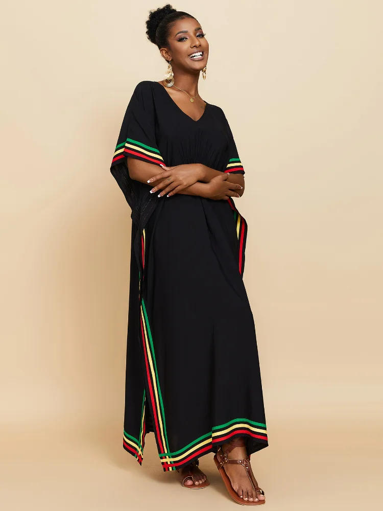 Beach Cover Ups Kaftans for Women Rainbow Patchwork Maxi Dresses Short Sleeve India Folk Summer Seaside Holiday Bathing Suits