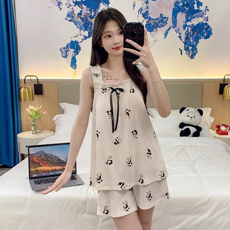 Summer Women's Pajamas Set with Bra Pad Spaghetti Strap Sleep Top & Shorts Sleepwear 2 Pieces Bow Sweet Nightwear Homewear Cloth