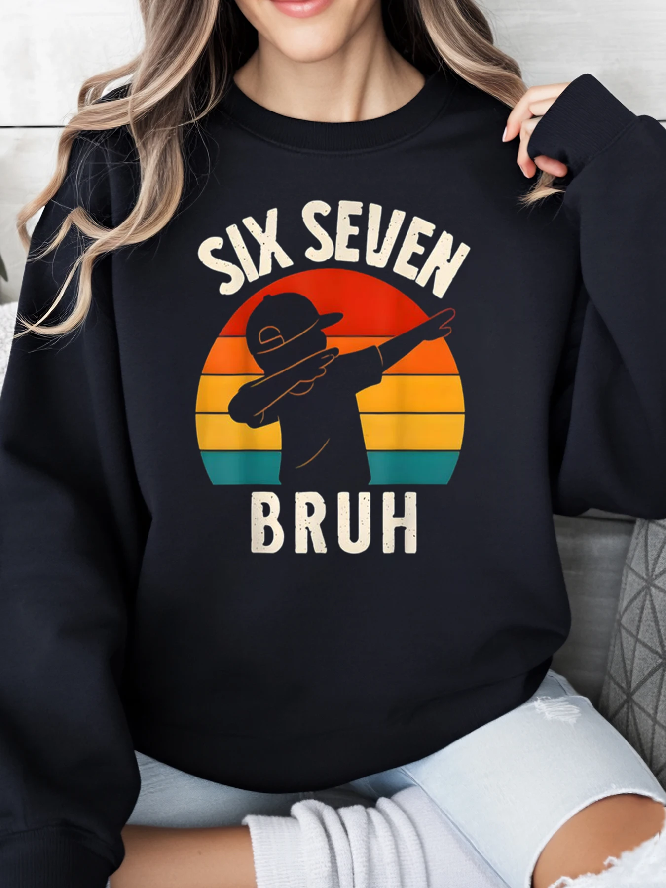 

Винтажная толстовка с рисунком Six Seven Bruh, женская повседневная одежда на Хэллоуин, черная, больших размеров