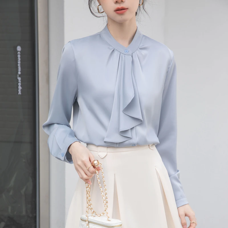 

Elegant Ribbon Bow Tie 2024 Spring White Blue Long Sleeve Shirt Women Office Lady Business Blouses