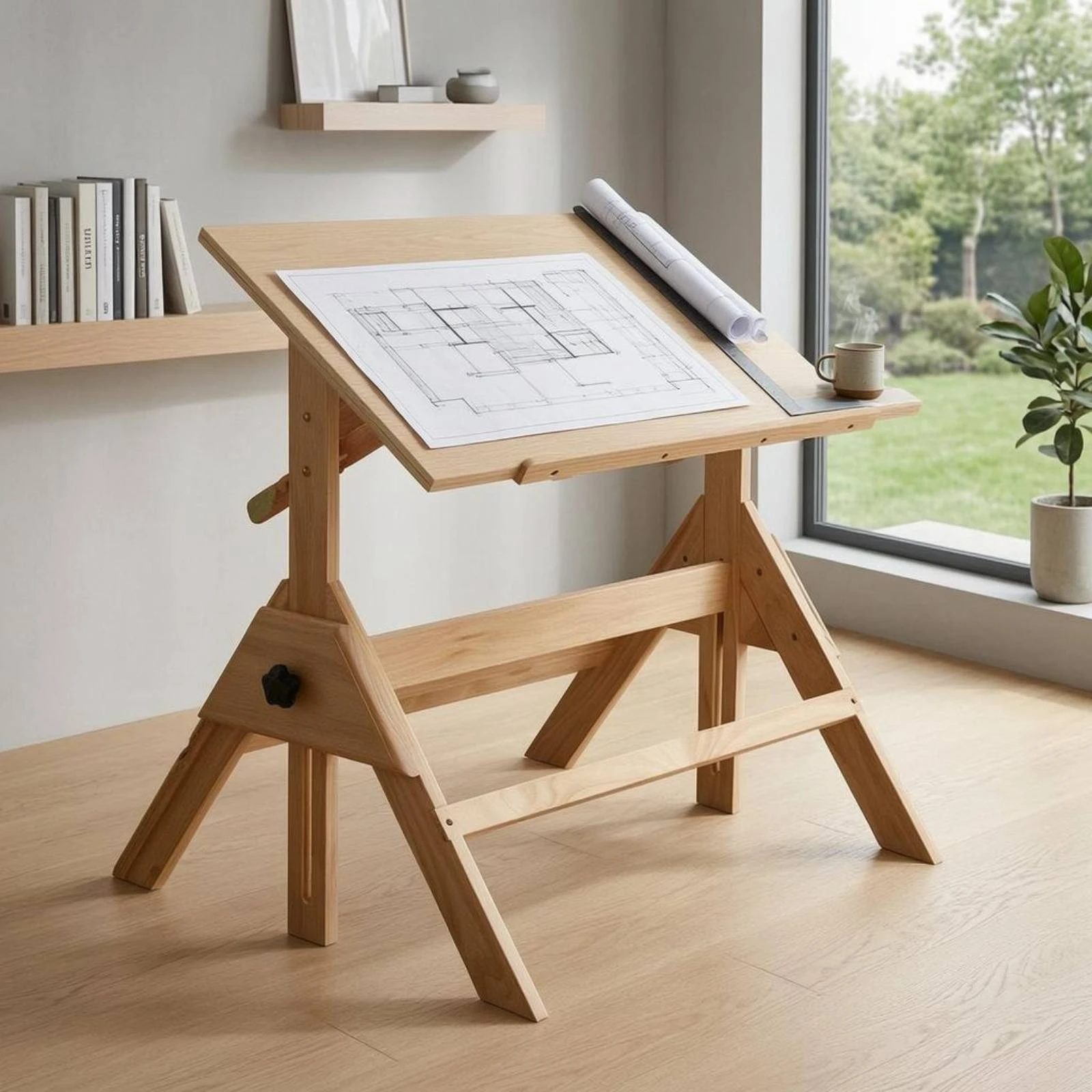Adjustable Drafting Table L-Shaped Drafting Ruler Included Wooden Drafting Table Tilting Art Desk Slanted Tabletop