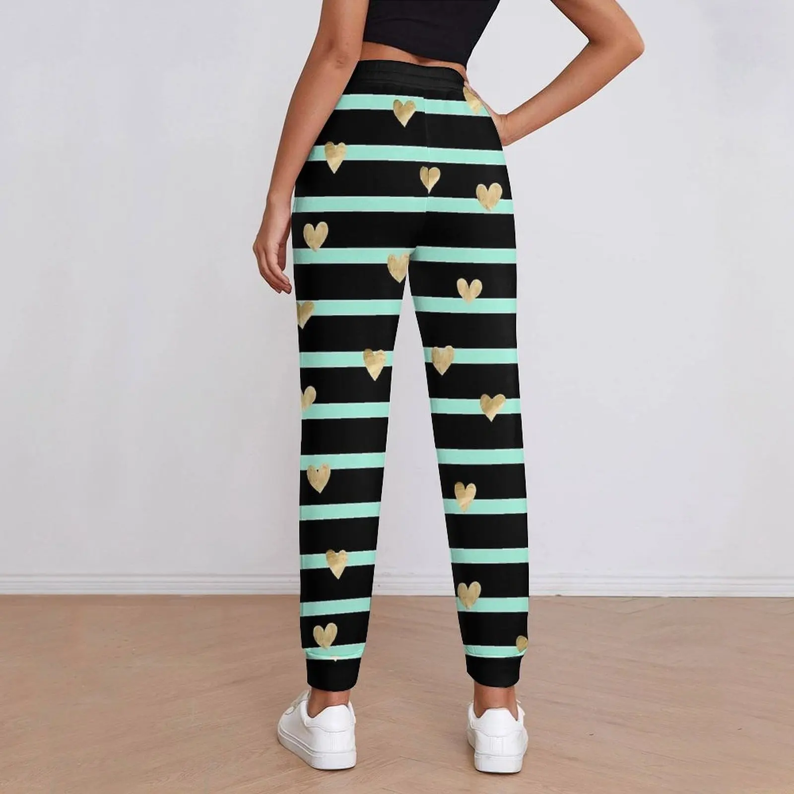 Gold Hearts And Stripes Print Pants  Modern Oversize Sweatpants Spring Women Design Street Fashion Trousers