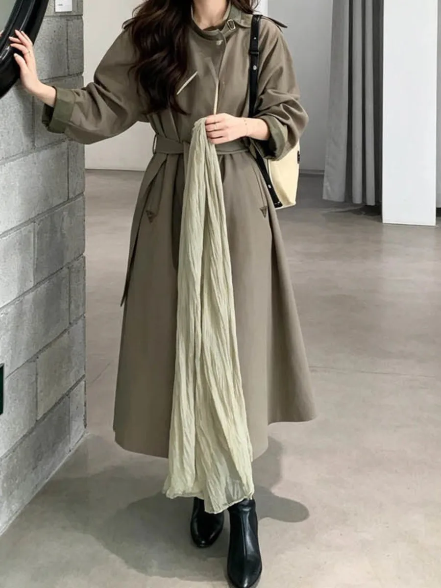 IG 2026 Women Crew Neck Contrast Trim Long Open Front Trench Coat Oversized Drop Shoulder Loose Minimalist Outerwear Jacket