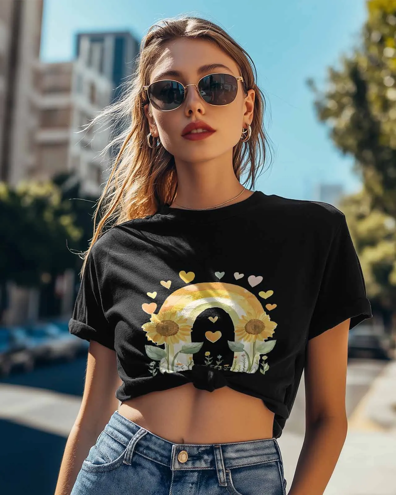 Retro Flowers Sunflowers Bloom Rainbow T-Shirt Lover Gift Sweatshirt Fitness T-shirt Short Sleeve O-neck Clothing Tops