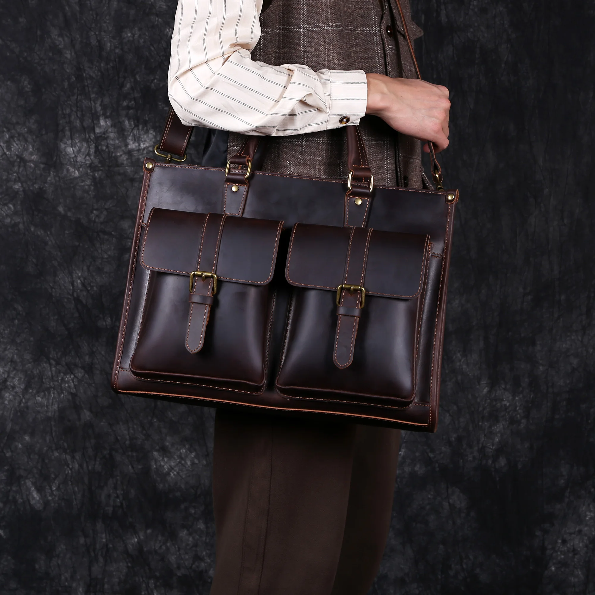 Retro Mad Horse Leather Men's Tote Top Layer Cowhide Briefcase Leather 15 