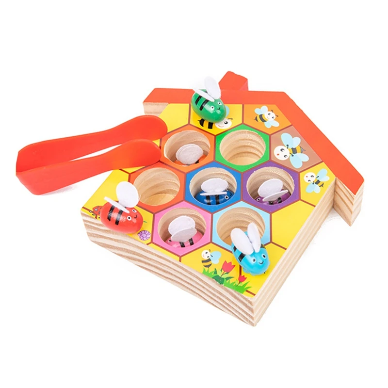 Wooden Toys Color Cognition Clip Beads Matching Clamp Bee House Trap Game Early Educational Toys Gift For Children