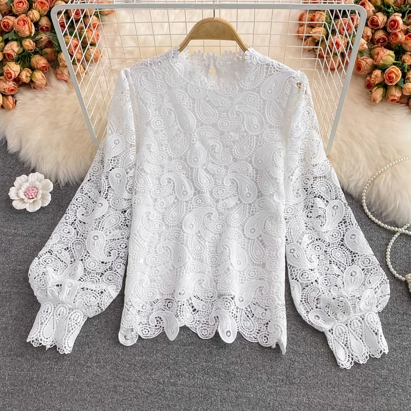 EWQ Fashion Lace Hollow Out Embroidery Blouse For Women Lantern Sleeves Solid Color Loose Tops Casual 2024 New Clothing 27C650