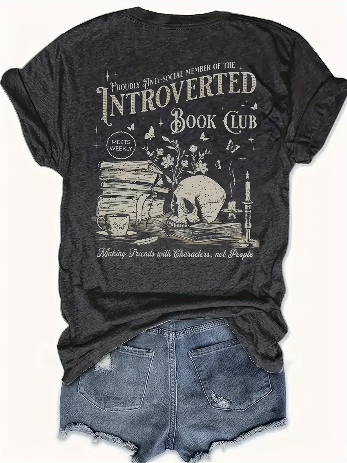 Camiseta para mujer Introverted Book Club - Estampado de calavera y libros, camiseta informal gris oscuro