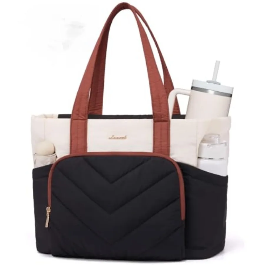 

LOVEVOOK Puffer Tote Bag for Women, V-Quilted Puffy Teacher Tote Nurse Bag, Large Shoulder Laptop Purse for Work Travel Gym