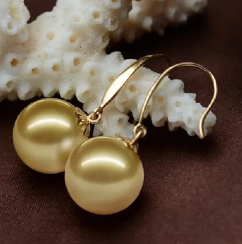 

Elegant 12-13mm Gold Perfect Round Pearl Dangle Earrings for Women Simple Wedding Party Jewelry Accessories AAA Stud ,hook 38AAA