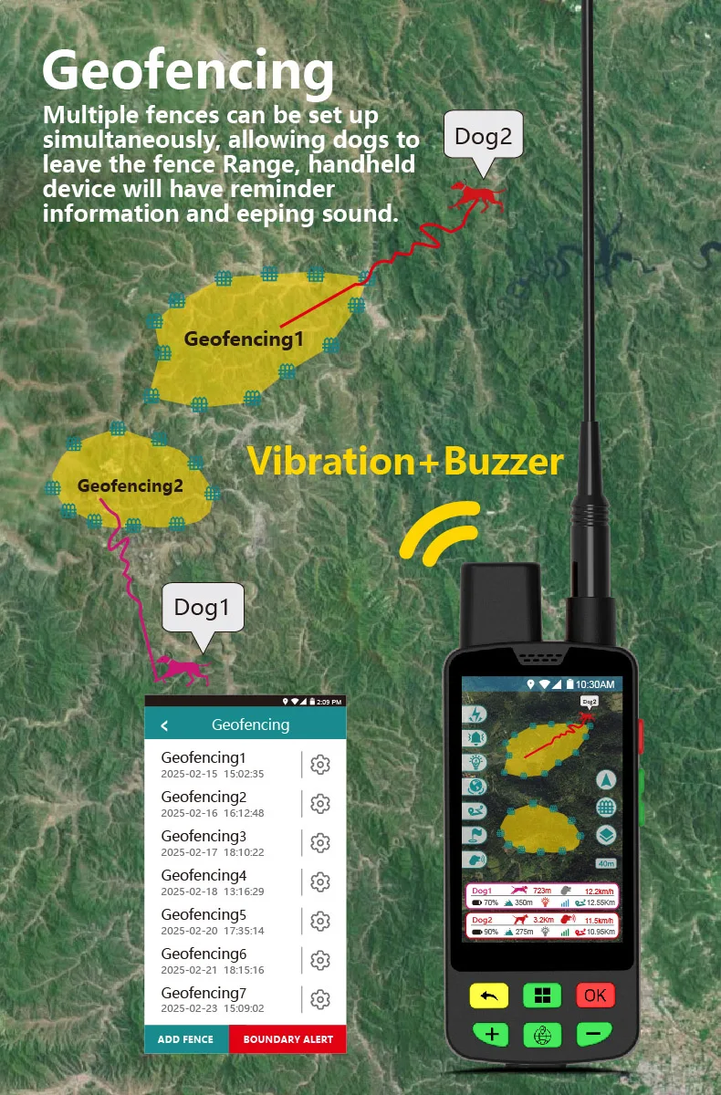 Sistem Kalung Kejut GPS untuk Anjing: Stimulasi Statis yang Dapat Disesuaikan 10 Tingkat + Peringatan Melarikan Diri dari Geofence & Komunikasi VHF 15KM