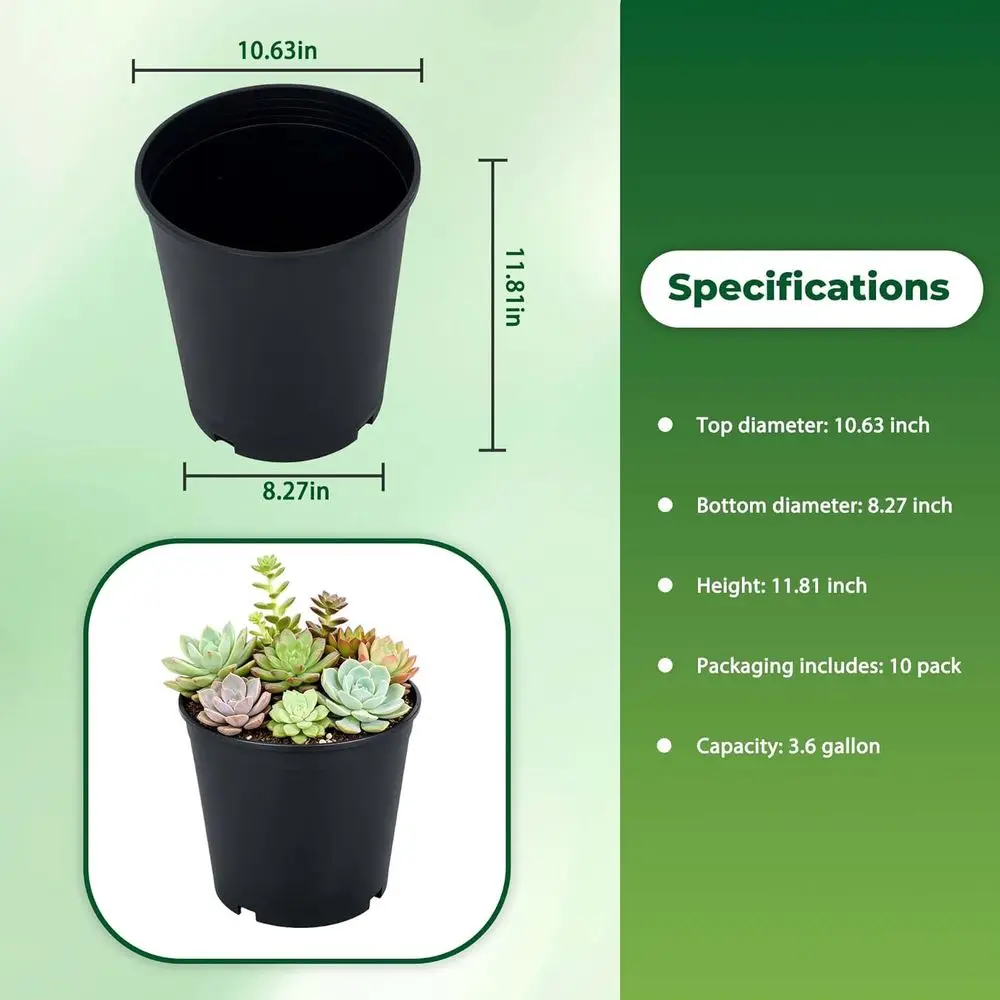 10 Pack 5 Gallon 11 Black Nursery Pots with Drainage for Garden Seedlings and Planters