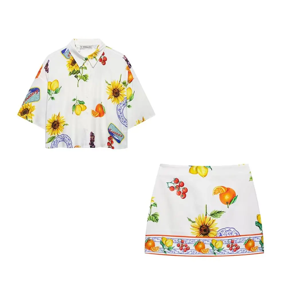 

KONDALA Chic Print Fruit 2025 Woman Suits Short Sleeve Casual Shirts+ Sexy Patchwork Mini Skirts Y2K Holiday Beach Female Sets