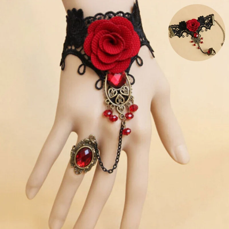 Halloween Women Rose Bracelets Steampunk Gothic Style Lace Bracelet Vampire Black Cosplay Costume Prop Ladies Bangles Jewelry