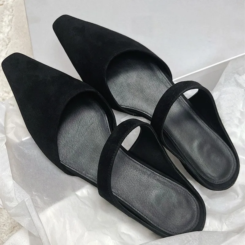 

Sheepskin version ~2025 new suede Muller shoes slippers female pointed low heel shoes simple Bao head half slippers