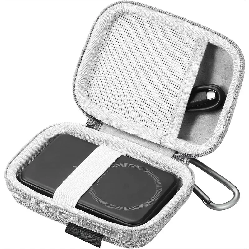 The hard storage case is compatible with a power bank with mesh pockets for cables or accessories.