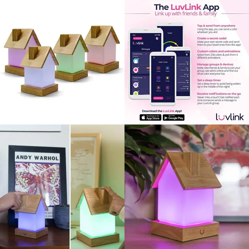 Extended WiFi Range Friendship Lamps - Bluetooth Compatible - Set of Four in Natural Wood & Glass Design for Home