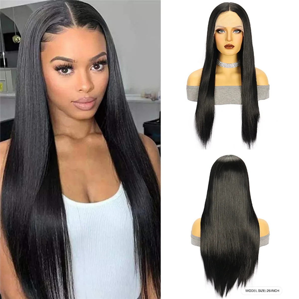 A79I Women'S Black Long Straight Hair Lace Front Medium Split Fiber Headband Glue-Free Wig for Daily Use and Cosplay