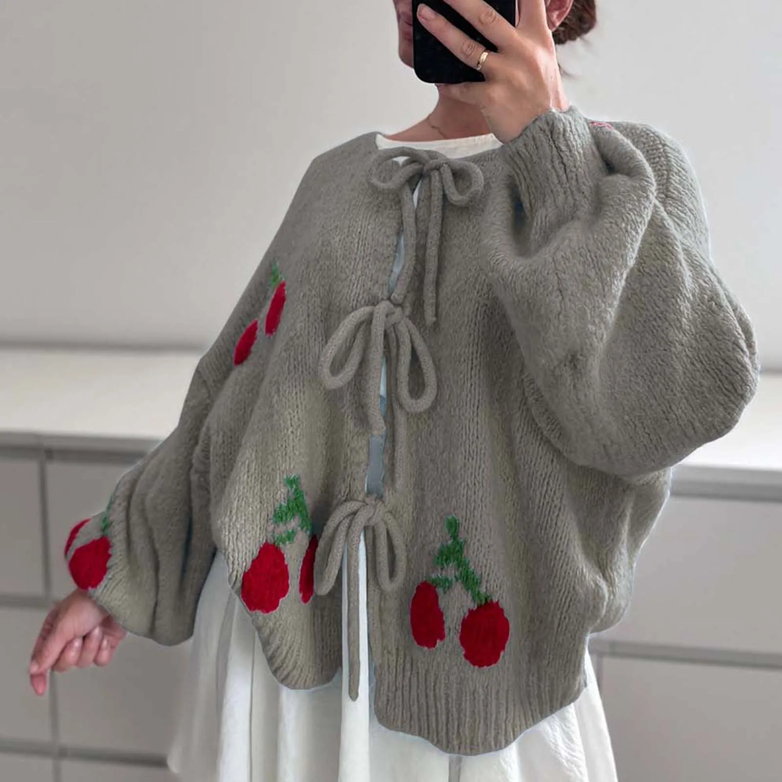 hirigin Cardigan da donna con papillon sul davanti oversize aperto sul davanti Cappotti maglione carino Y2k Manica a lanterna Capispalla allentato casual